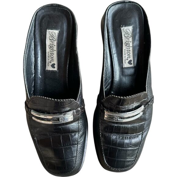 VTG Brighton Jody Croc Embossed Leather Loafer Mule Womens 8 Italy Luxury Travel - Picture 1 of 10
